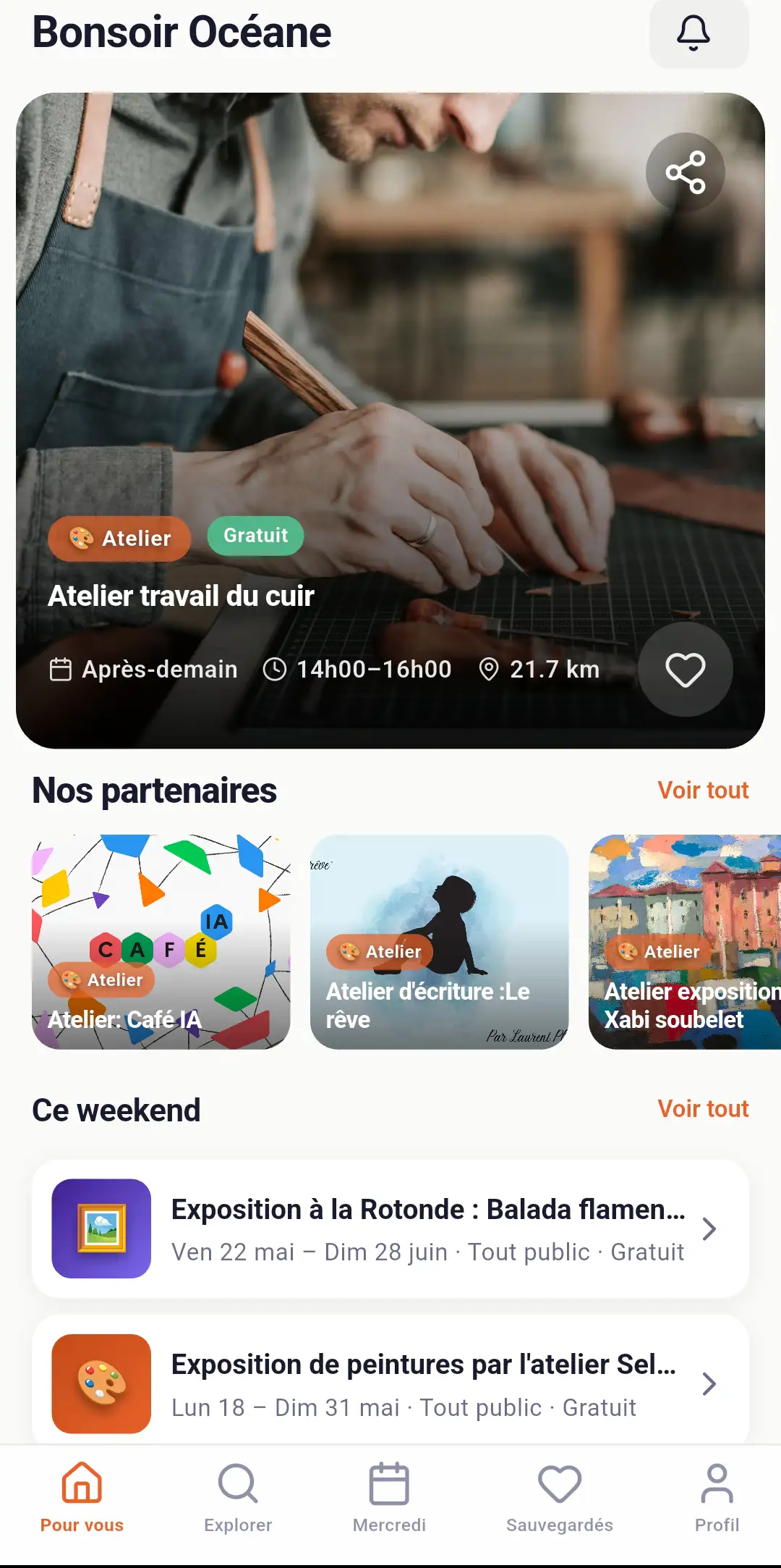 Capture d'écran Oniva — fil d'actualité personnalisé