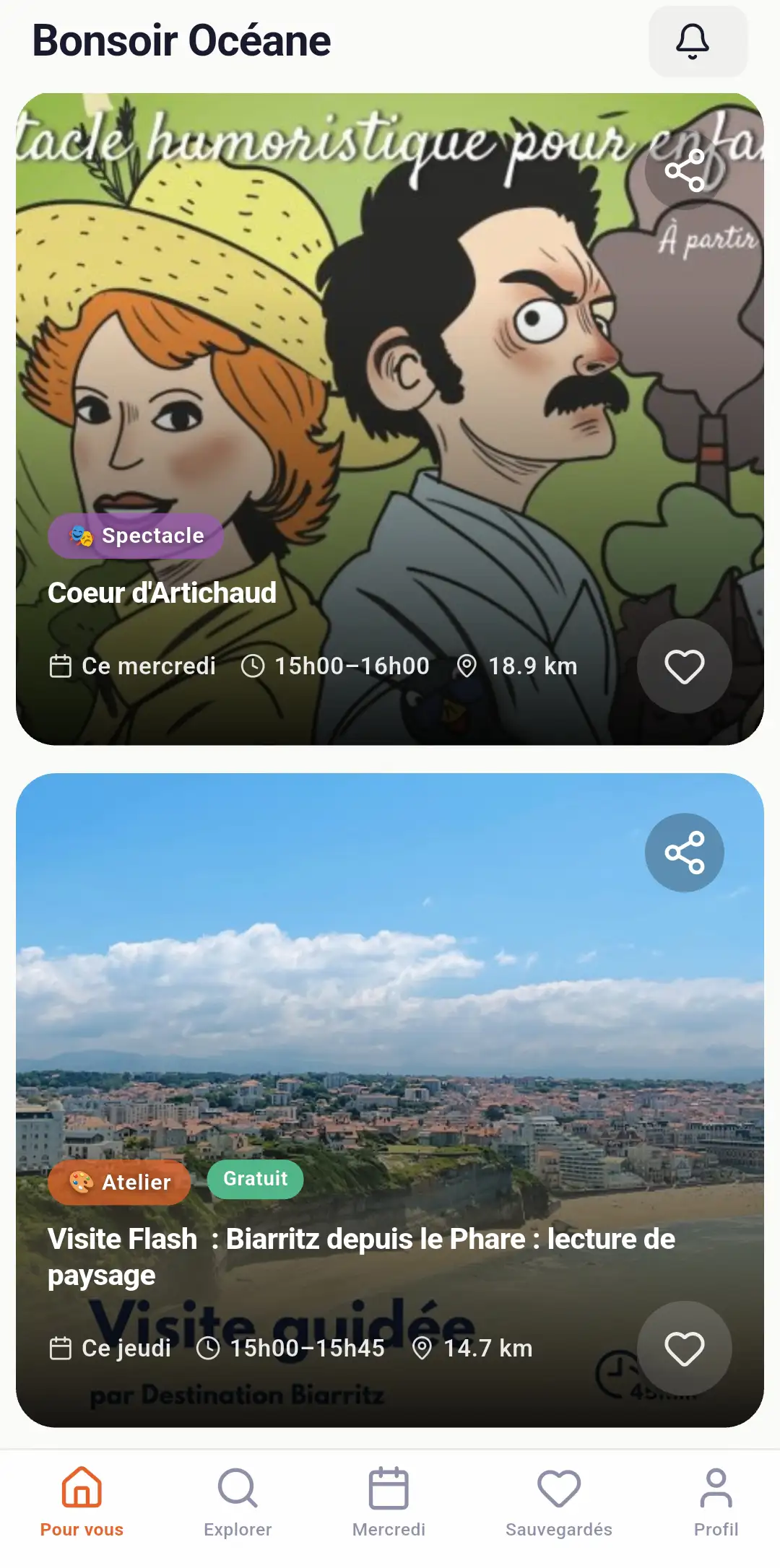 Capture d'écran Oniva — événements à proximité