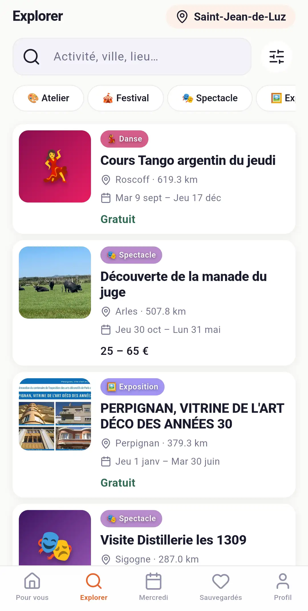 Capture d'écran Oniva — explorer les activités