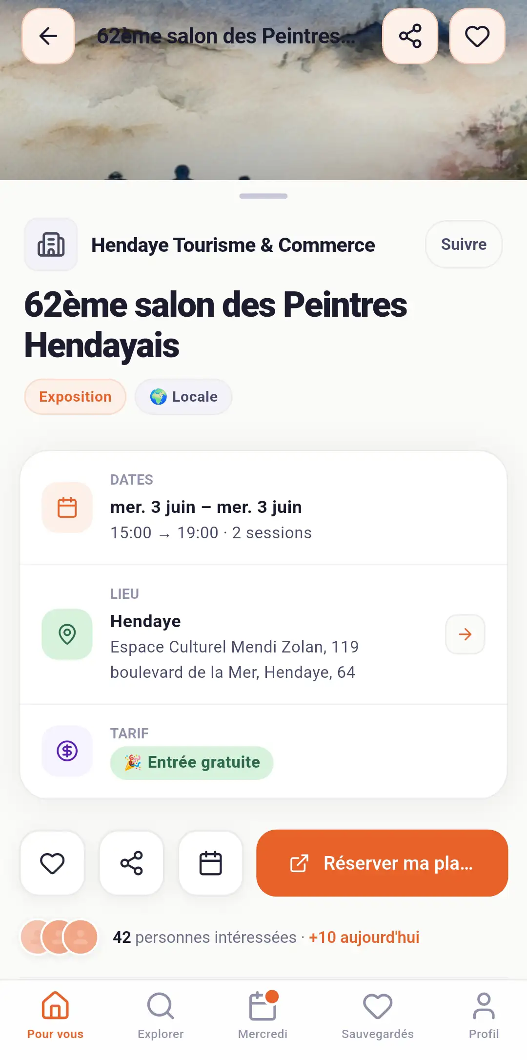 Capture d'écran Oniva — fiche événement