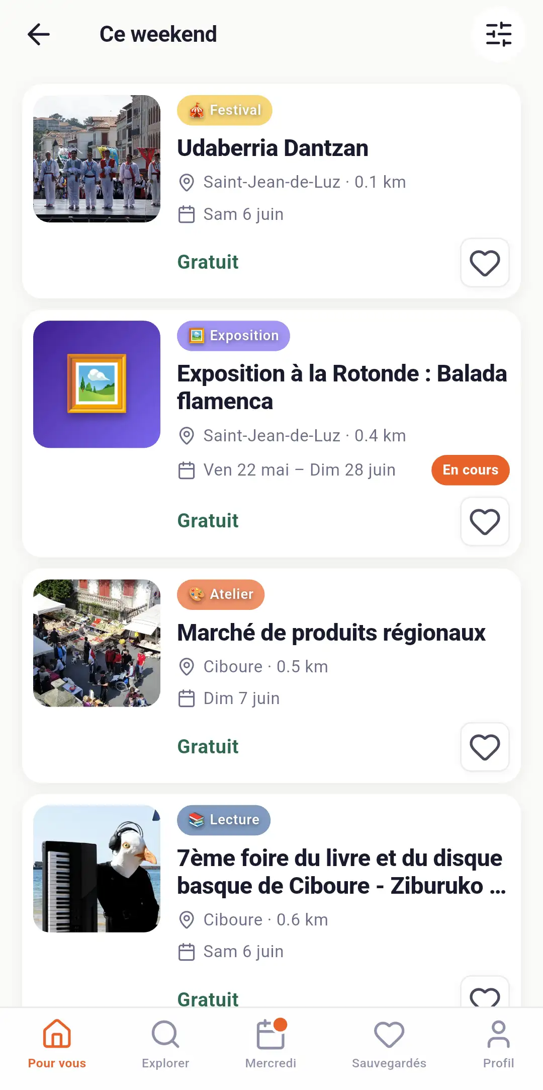 Capture d'écran Oniva — programme du week-end